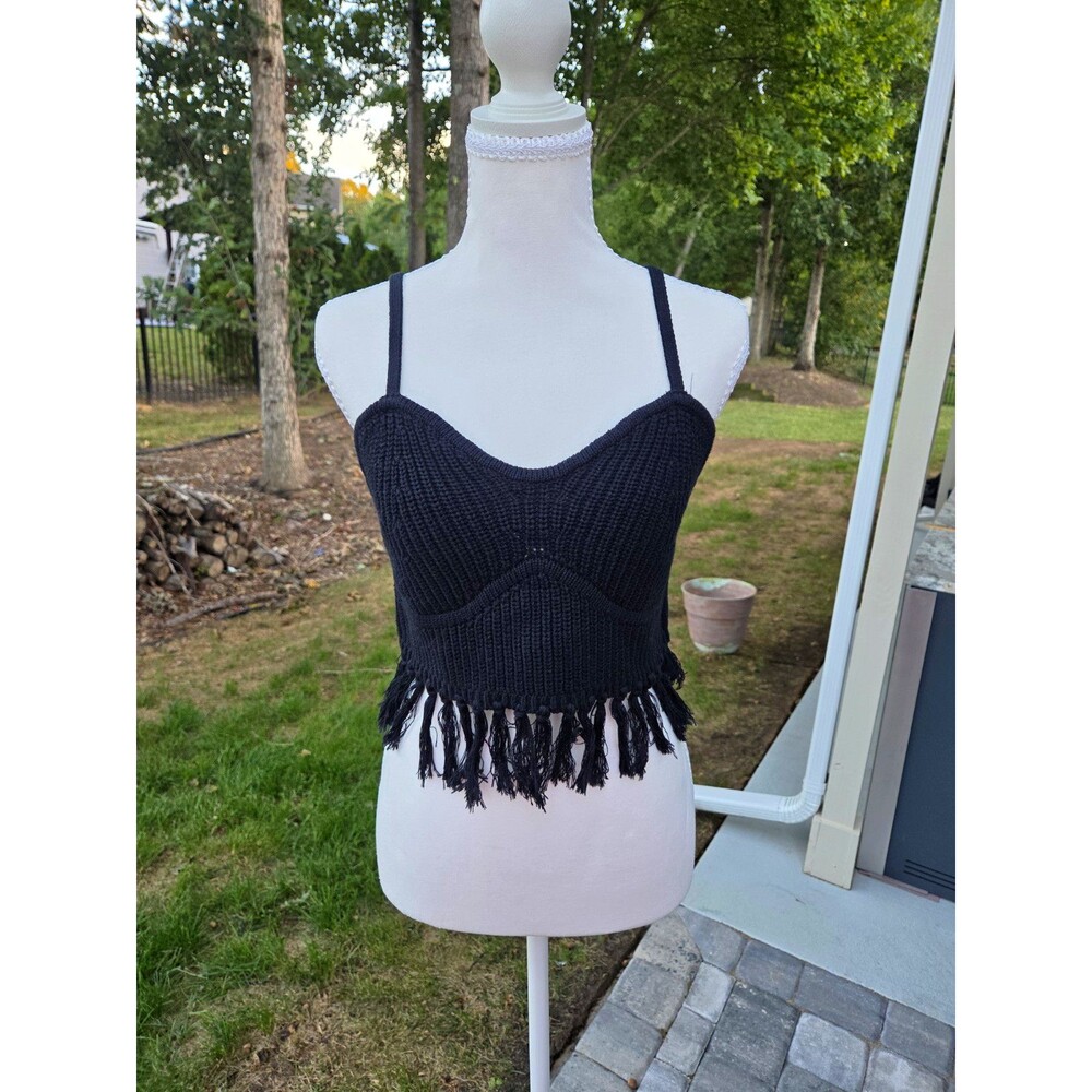 Wild Fable Women's M Knit Cropped Cami Black Sweetheart Tassel Fringe Whimsigoth